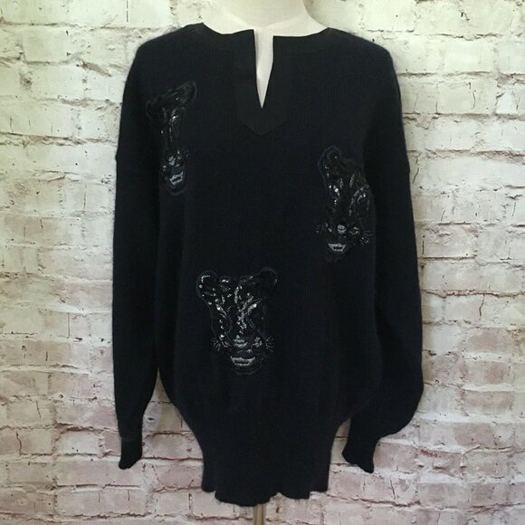 Vintage ESCADA MARGARET LEY Sweater Dark Blue Mohair Sequin Metallic Panther 38 - Picture 1 of 4